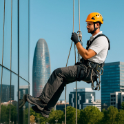 Trabajos verticales sin andamios en fachada de Barcelona - técnico certificado realizando rehabilitación en altura