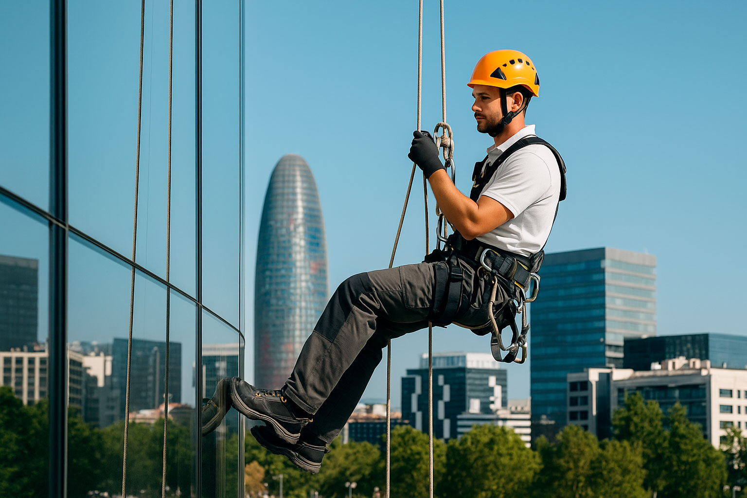 Trabajos verticales sin andamios en fachada de Barcelona - técnico certificado realizando rehabilitación en altura